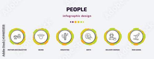 people infographic template with icons and 6 step or option. people icons such as mother and daughter, beard, argentina, birth, delivery woman, man skiing vector. can be used for banner, info graph,
