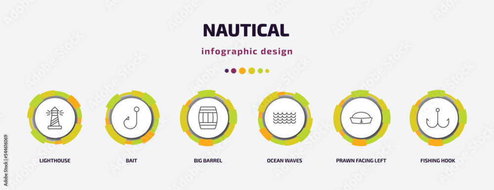 nautical infographic template with icons and 6 step or option. nautical icons such as lighthouse, bait, big barrel, ocean waves, prawn facing left, fishing hook vector. can be used for banner, info nautical infographic template with icons and 6 step or option. nautical icons such as lighthouse, bait, big barrel, ocean waves, prawn facing left, fishing hook vector. can be used for banner, info