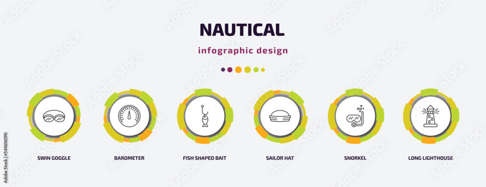 nautical infographic template with icons and 6 step or option. nautical icons such as swin goggle, barometer, fish shaped bait, sailor hat, snorkel, long lighthouse vector. can be used for banner, nautical infographic template with icons and 6 step or option. nautical icons such as swin goggle, barometer, fish shaped bait, sailor hat, snorkel, long lighthouse vector. can be used for banner,