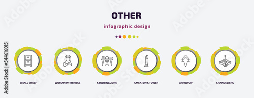 other infographic template with icons and 6 step or option. other icons such as small shelf, woman with hijab, studying zone, smeaton's tower, arrowup, chandeliers vector. can be used for banner,