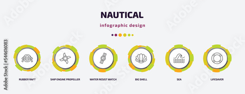 nautical infographic template with icons and 6 step or option. nautical icons such as rubber raft, ship engine propeller, water resist watch, big shell, sea, lifesaver vector. can be used for