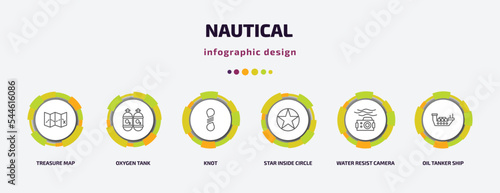 nautical infographic template with icons and 6 step or option. nautical icons such as treasure map, oxygen tank, knot, star inside circle, water resist camera, oil tanker ship vector. can be used