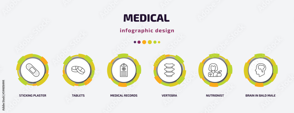 medical infographic template with icons and 6 step or option. medical icons such as sticking plaster, tablets, medical records, vertebra, nutrionist, brain in bald male head vector. can be used for medical infographic template with icons and 6 step or option. medical icons such as sticking plaster, tablets, medical records, vertebra, nutrionist, brain in bald male head vector. can be used for