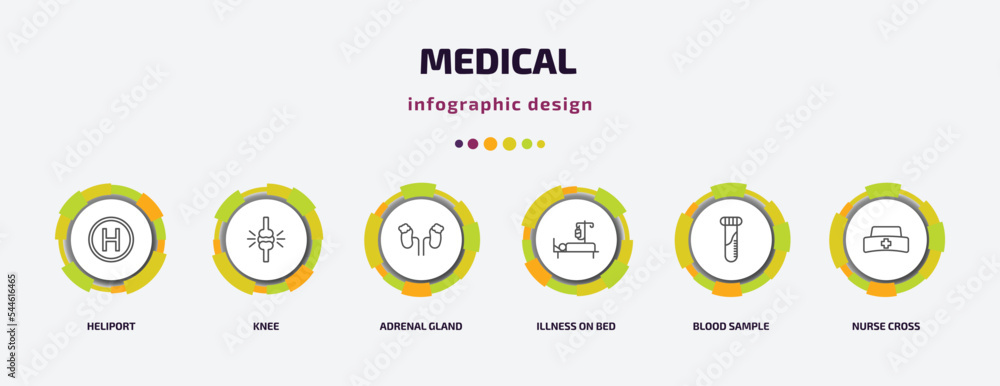 medical infographic template with icons and 6 step or option. medical icons such as heliport, knee, adrenal gland, illness on bed, blood sample, nurse cross vector. can be used for banner, info medical infographic template with icons and 6 step or option. medical icons such as heliport, knee, adrenal gland, illness on bed, blood sample, nurse cross vector. can be used for banner, info