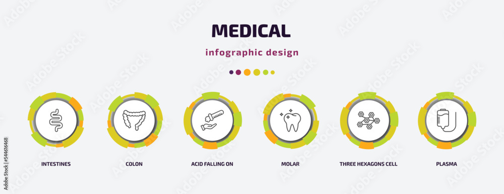 medical infographic template with icons and 6 step or option. medical icons such as intestines, colon, acid falling on hand, molar, three hexagons cell, plasma vector. can be used for banner, info