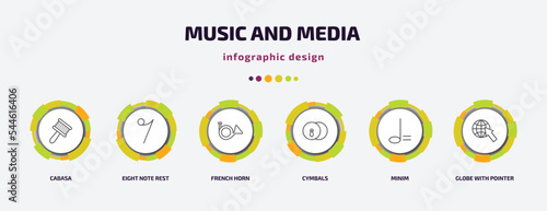 music and media infographic template with icons and 6 step or option. music and media icons such as cabasa, eight note rest, french horn, cymbals, minim, globe with pointer vector. can be used for