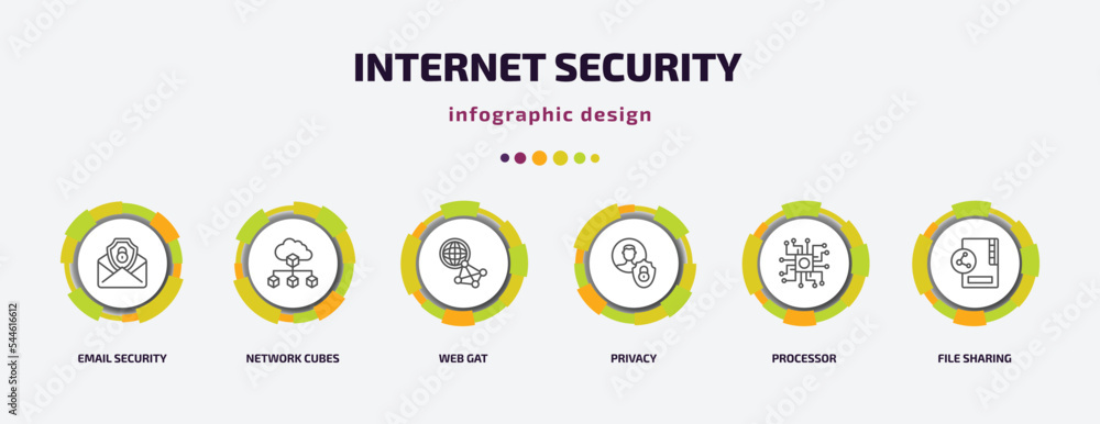 internet security infographic template with icons and 6 step or option. internet security icons such as email security, network cubes, web gat, privacy, processor, file sharing vector. can be used internet security infographic template with icons and 6 step or option. internet security icons such as email security, network cubes, web gat, privacy, processor, file sharing vector. can be used