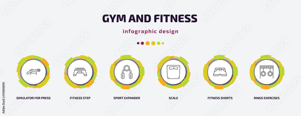 gym and fitness infographic template with icons and 6 step or option. gym and fitness icons such as simulator for press, fitness step, sport expander, scale, shorts, rings exercises vector. can be gym and fitness infographic template with icons and 6 step or option. gym and fitness icons such as simulator for press, fitness step, sport expander, scale, shorts, rings exercises vector. can be
