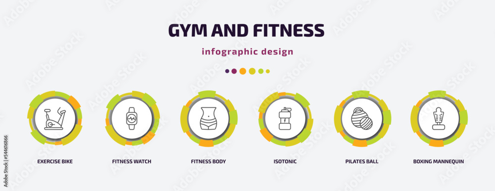 gym and fitness infographic template with icons and 6 step or option. gym and fitness icons such as exercise bike, fitness watch, body, isotonic, pilates ball, boxing mannequin vector. can be used gym and fitness infographic template with icons and 6 step or option. gym and fitness icons such as exercise bike, fitness watch, body, isotonic, pilates ball, boxing mannequin vector. can be used