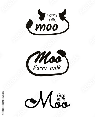 Logo for milk farm. Labels for dairy production. Milk logo set with cow horns, ears and tail. Vector logo for dairy products