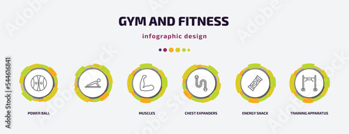 gym and fitness infographic template with icons and 6 step or option. gym and fitness icons such as power ball, , muscles, chest expanders, energy snack, training apparatus vector. can be used for