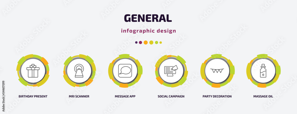 general infographic template with icons and 6 step or option. general icons such as birthday present, mri scanner, message app, social campaign, party decoration, massage oil vector. can be used for general infographic template with icons and 6 step or option. general icons such as birthday present, mri scanner, message app, social campaign, party decoration, massage oil vector. can be used for
