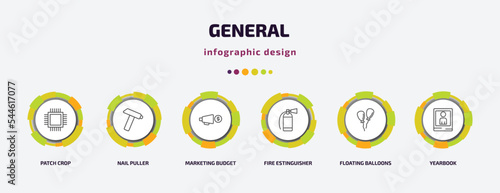 general infographic template with icons and 6 step or option. general icons such as patch crop, nail puller, marketing budget, fire estinguisher, floating balloons, yearbook vector. can be used for