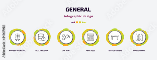 general infographic template with icons and 6 step or option. general icons such as number one medal, real time data, live paint, news feed, traffic barriers, wooden fence vector. can be used for