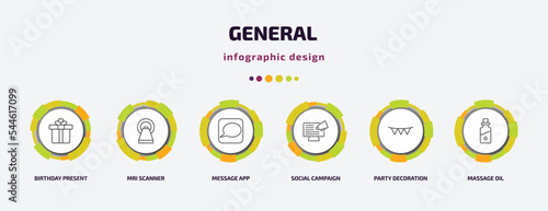 general infographic template with icons and 6 step or option. general icons such as birthday present, mri scanner, message app, social campaign, party decoration, massage oil vector. can be used for