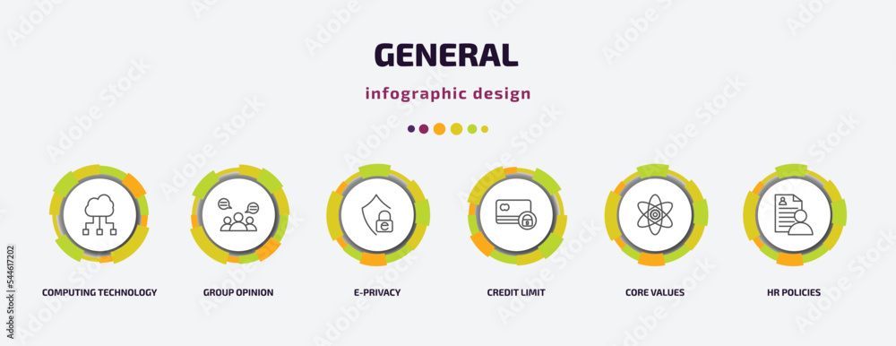 general infographic template with icons and 6 step or option. general icons such as computing technology, group opinion, e-privacy, credit limit, core values, hr policies vector. can be used for general infographic template with icons and 6 step or option. general icons such as computing technology, group opinion, e-privacy, credit limit, core values, hr policies vector. can be used for