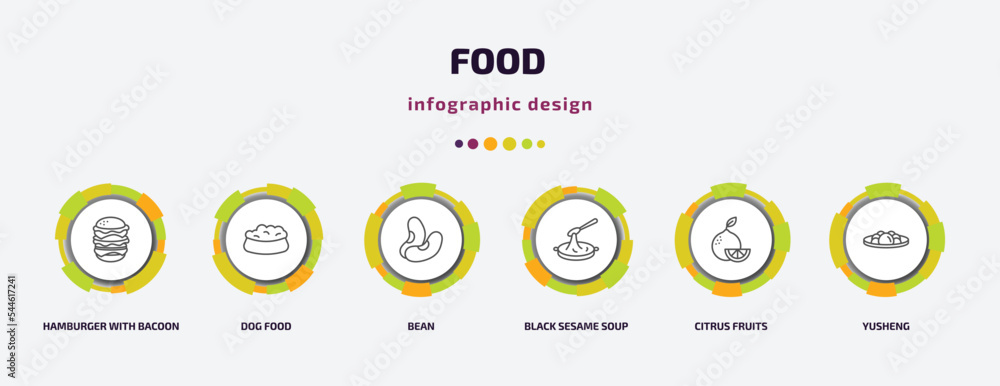 food infographic template with icons and 6 step or option. food icons such as hamburger with bacoon, dog food, bean, black sesame soup, citrus fruits, yusheng vector. can be used for banner, info food infographic template with icons and 6 step or option. food icons such as hamburger with bacoon, dog food, bean, black sesame soup, citrus fruits, yusheng vector. can be used for banner, info