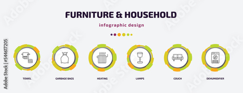 furniture & household infographic template with icons and 6 step or option. furniture & household icons such as towel, garbage bags, heating, lamps, couch, dehumidifier vector. can be used for