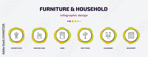 furniture & household infographic template with icons and 6 step or option. furniture & household icons such as cuckoo clock, rocking chair, door, coat stand, glassware, davenport vector. can be photo