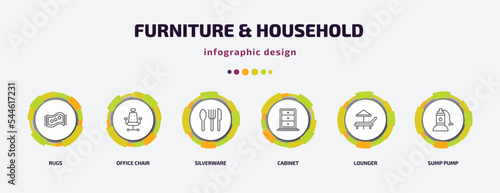 furniture & household infographic template with icons and 6 step or option. furniture & household icons such as rugs, office chair, silverware, cabinet, lounger, sump pump vector. can be used for