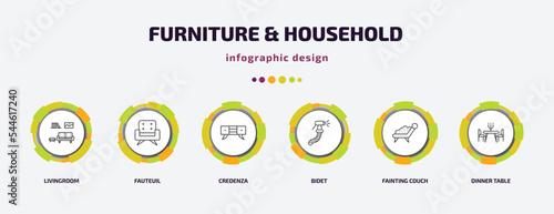 furniture & household infographic template with icons and 6 step or option. furniture & household icons such as livingroom, fauteuil, credenza, bidet, fainting couch, dinner table vector. can be
