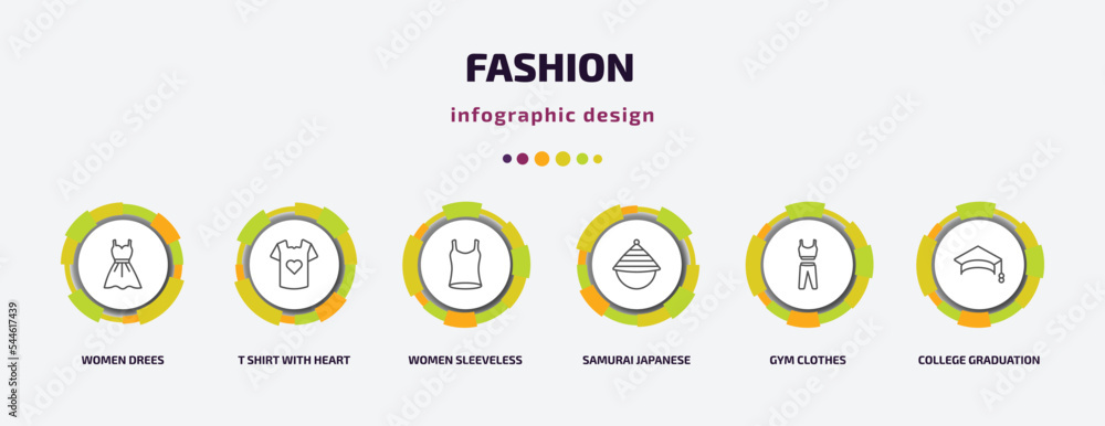 fashion infographic template with icons and 6 step or option. fashion icons such as women drees, t shirt with heart, women sleeveless shirt, samurai japanese hat, gym clothes, college graduation cap fashion infographic template with icons and 6 step or option. fashion icons such as women drees, t shirt with heart, women sleeveless shirt, samurai japanese hat, gym clothes, college graduation cap
