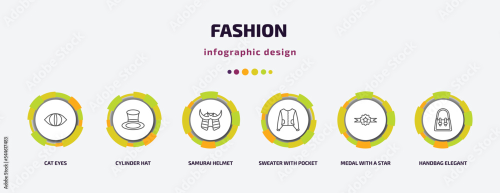 fashion infographic template with icons and 6 step or option. fashion icons such as cat eyes, cylinder hat, samurai helmet, sweater with pocket, medal with a star, handbag elegant de vector. can be fashion infographic template with icons and 6 step or option. fashion icons such as cat eyes, cylinder hat, samurai helmet, sweater with pocket, medal with a star, handbag elegant de vector. can be