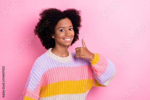 Fotobehang Photo of positive friendly optimistic girl with perming coiffure knit sweater sh