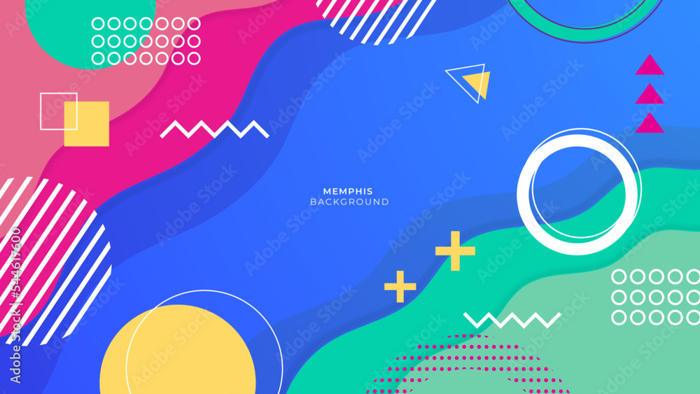 Colourful on blue memphis background set covers, great design for any purposes. Trendy abstract vector illustration. Abstract elegant background.