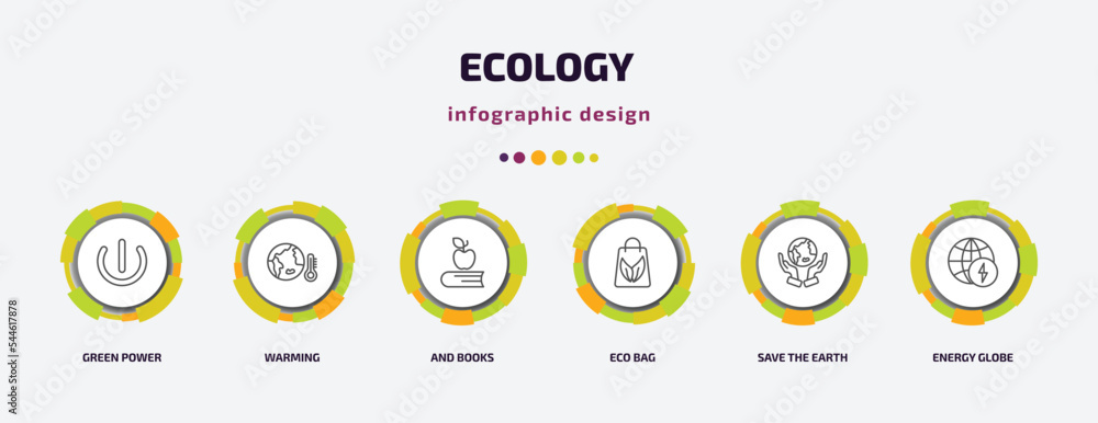 ecology infographic template with icons and 6 step or option. ecology icons such as green power, warming, and books, eco bag, save the earth, energy globe vector. can be used for banner, info graph, ecology infographic template with icons and 6 step or option. ecology icons such as green power, warming, and books, eco bag, save the earth, energy globe vector. can be used for banner, info graph,