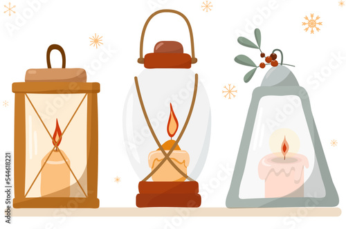 Vector vintage kerosene lantern with candle old glowing lamp winter holiday decoration. Fancy inspiration vector for Christmas card, wedding, date, birthday or holiday party.