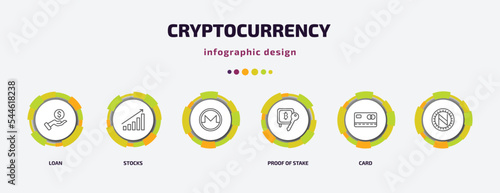 cryptocurrency infographic template with icons and 6 step or option. cryptocurrency icons such as loan, stocks, , proof of stake, card, vector. can be used for banner, info graph, web,