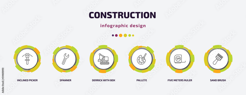 construction infographic template with icons and 6 step or option. construction icons such as inclined picker, spanner, derrick with box, pallete, five meters ruler, sand brush vector. can be used construction infographic template with icons and 6 step or option. construction icons such as inclined picker, spanner, derrick with box, pallete, five meters ruler, sand brush vector. can be used