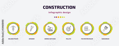 construction infographic template with icons and 6 step or option. construction icons such as inclined picker, spanner, derrick with box, pallete, five meters ruler, sand brush vector. can be used