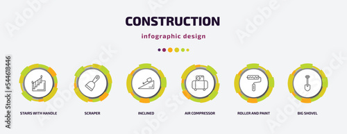 construction infographic template with icons and 6 step or option. construction icons such as stairs with handle, scraper, inclined, air compressor, roller and paint, big shovel vector. can be used