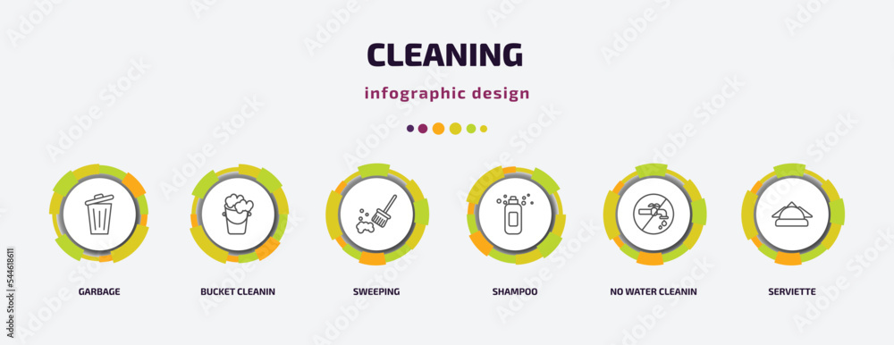 cleaning infographic template with icons and 6 step or option. cleaning icons such as garbage, bucket cleanin, sweeping, shampoo, no water cleanin, serviette vector. can be used for banner, info cleaning infographic template with icons and 6 step or option. cleaning icons such as garbage, bucket cleanin, sweeping, shampoo, no water cleanin, serviette vector. can be used for banner, info