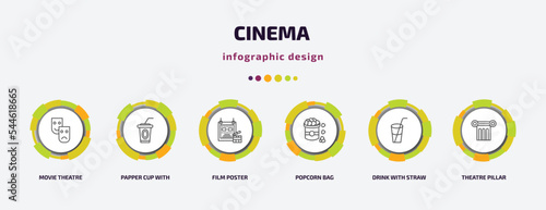 cinema infographic template with icons and 6 step or option. cinema icons such as movie theatre, papper cup with straw, film poster, popcorn bag, drink with straw, theatre pillar vector. can be used