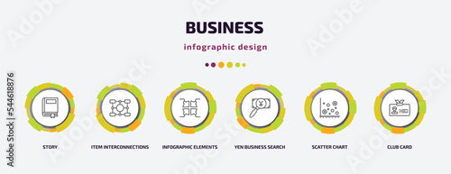 business infographic template with icons and 6 step or option. business icons such as story, item interconnections, infographic elements, yen business search, scatter chart, club card vector. can be