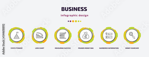 business infographic template with icons and 6 step or option. business icons such as stats pyramid, loss chart, measuring success, pounds money bag, numbered information, money searcher vector. can