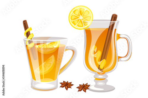 Hot toddy cocktail with lemon, honey and cinnamon stick.Traditional winter, warm Christmas cocktail.