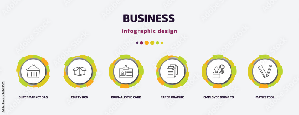 business infographic template with icons and 6 step or option. business icons such as supermarket bag, empty box, journalist id card, paper graphic, employee going to work, maths tool vector. can be business infographic template with icons and 6 step or option. business icons such as supermarket bag, empty box, journalist id card, paper graphic, employee going to work, maths tool vector. can be