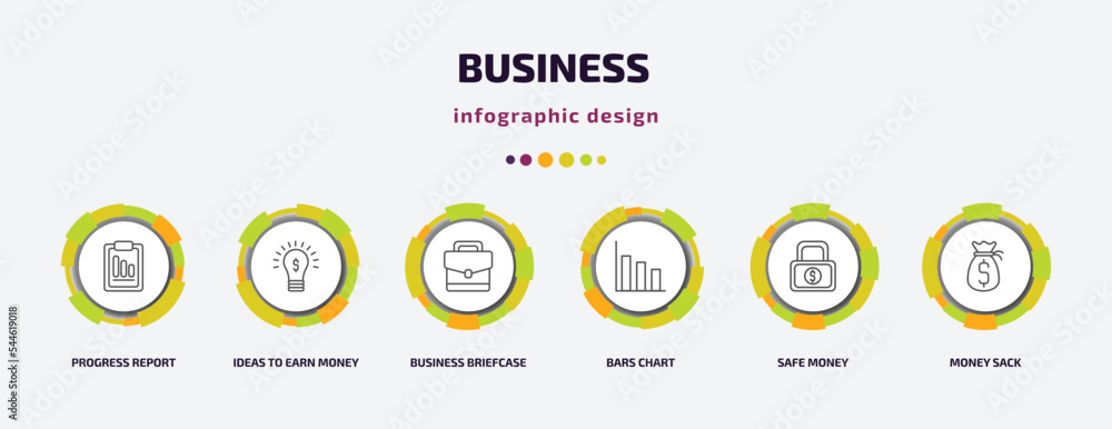 business infographic template with icons and 6 step or option. business icons such as progress report, ideas to earn money, business briefcase, bars chart, safe money, money sack vector. can be used business infographic template with icons and 6 step or option. business icons such as progress report, ideas to earn money, business briefcase, bars chart, safe money, money sack vector. can be used