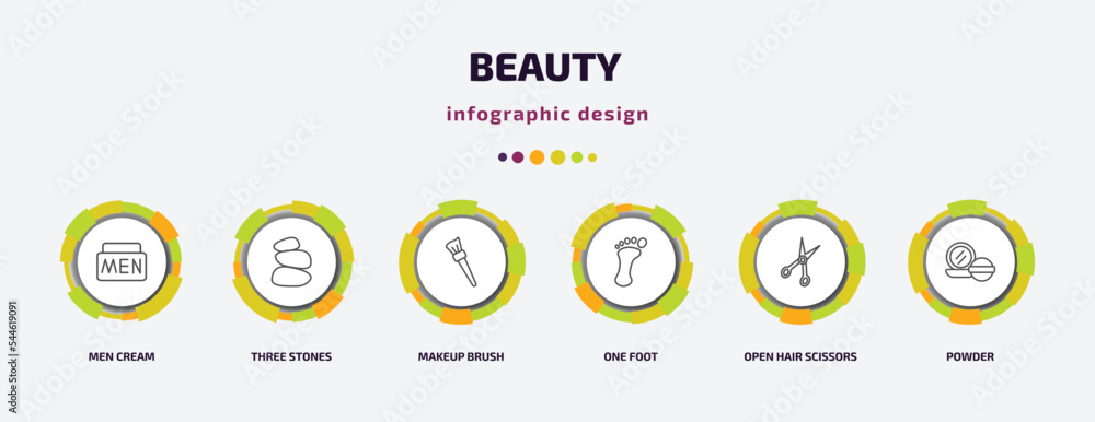 beauty infographic template with icons and 6 step or option. beauty icons such as men cream, three stones, makeup brush, one foot, open hair scissors, powder vector. can be used for banner, info beauty infographic template with icons and 6 step or option. beauty icons such as men cream, three stones, makeup brush, one foot, open hair scissors, powder vector. can be used for banner, info