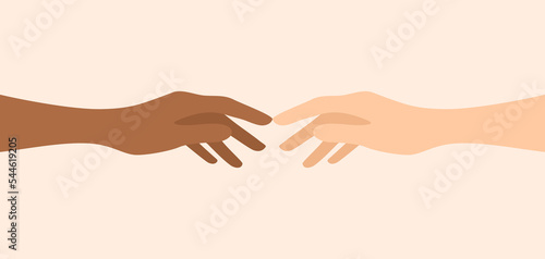 Two hands of different skin tones reaching towards each other. Flat vector illustration
