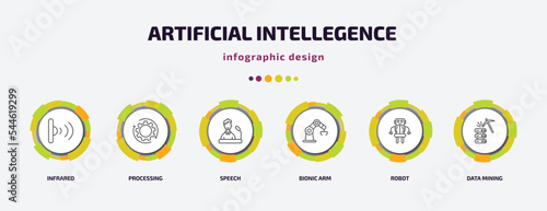 artificial intellegence infographic template with icons and 6 step or option. artificial intellegence icons such as infrared, processing, speech, bionic arm, robot, data mining vector. can be used
