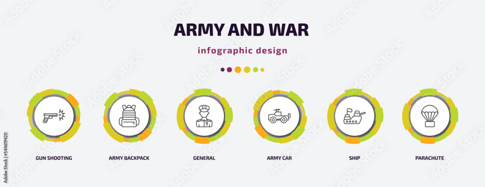 army and war infographic template with icons and 6 step or option. army and war icons such as gun shooting, army backpack, general, car, ship, parachute vector. can be used for banner, info graph, army and war infographic template with icons and 6 step or option. army and war icons such as gun shooting, army backpack, general, car, ship, parachute vector. can be used for banner, info graph,