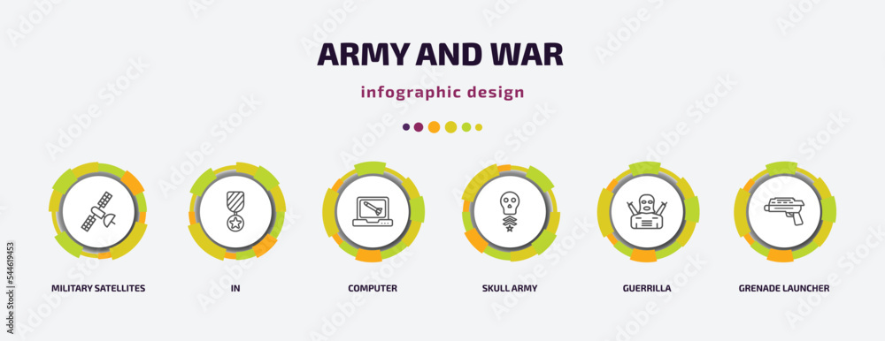 army and war infographic template with icons and 6 step or option. army and war icons such as military satellites, in, computer, skull army, guerrilla, grenade launcher vector. can be used for army and war infographic template with icons and 6 step or option. army and war icons such as military satellites, in, computer, skull army, guerrilla, grenade launcher vector. can be used for