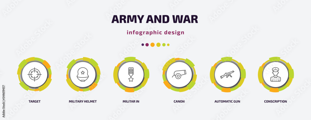 army and war infographic template with icons and 6 step or option. army and war icons such as target, military helmet, militar in, canon, automatic gun, conscription vector. can be used for banner, army and war infographic template with icons and 6 step or option. army and war icons such as target, military helmet, militar in, canon, automatic gun, conscription vector. can be used for banner,