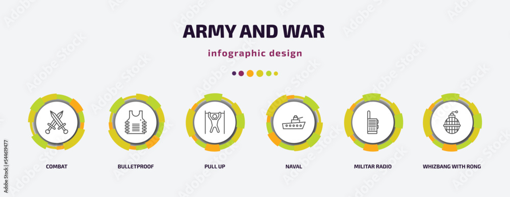 army and war infographic template with icons and 6 step or option. army and war icons such as combat, bulletproof, pull up, naval, militar radio, whizbang with rong vector. can be used for banner, army and war infographic template with icons and 6 step or option. army and war icons such as combat, bulletproof, pull up, naval, militar radio, whizbang with rong vector. can be used for banner,