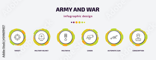 army and war infographic template with icons and 6 step or option. army and war icons such as target, military helmet, militar in, canon, automatic gun, conscription vector. can be used for banner,